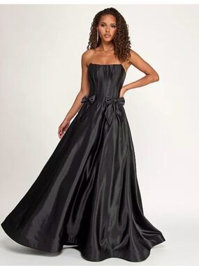 B Darlin Strapless Black Satin Ball Gown with Waist Bows
